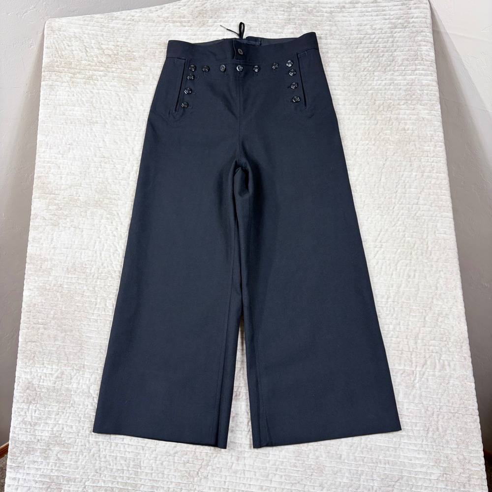 Vintage Navy Blue Wool Sailor Pants High Waisted Wide Leg Anchor Button Lace-Up